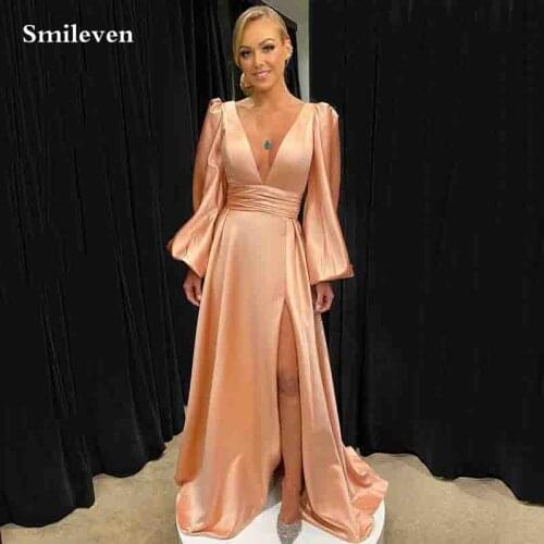 Smileven Stretch Satin Evening Dresses Puff Sleeve V Neck Arabic Special Occasion Dresses Side Split Longo Prom Party Gowns