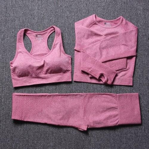 3PCS New Seamless Women Yoga Set Workout Sportswear Gym Clothing Fitness Long Sleeve Crop Top High Waist Leggings Sports Suits