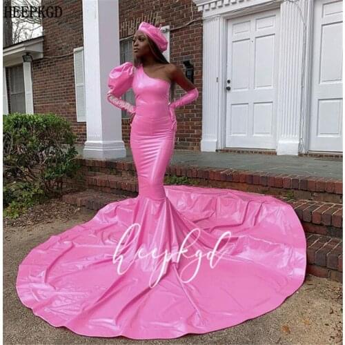 Long Train Pink Mermaid African Evening Dress One Shoulder Long Sleeve Shining Black Girl Graduation Prom Gowns Plus Size