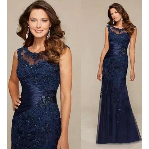 Black Blue Mother Of The Bride Dresses Mermaid Lace Beaded Sheer Neck Wedding Party Gowns 2021 Mother Evening Dresses Sleeveless