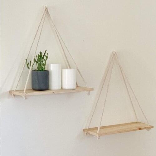 Wooden Rope Swing Wall Hanging Plant Flower Pot Tray Mounted Floating Wall Shelves Nordic Home Decoration Moredn Simple Design