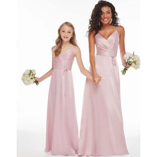 Pink Cheap Junior Bridesmaid Dresses Under 50 A-line Spaghetti Straps Floor Length Chiffon Long Wedding Party Dresses