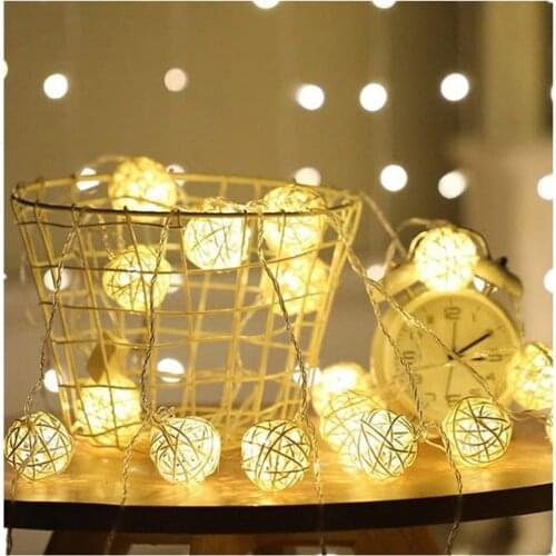 10/20/40/80 LEDs Rattan Balls String Lights Battery Garland Cotton Ball Light Chain Holiday Christmas Lights for Patio Wedding