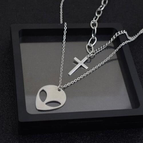 Korean fashion punk stainless steel long chain cross alien pendant couple rock hip hop rap street shooting wild gift BT-622-623