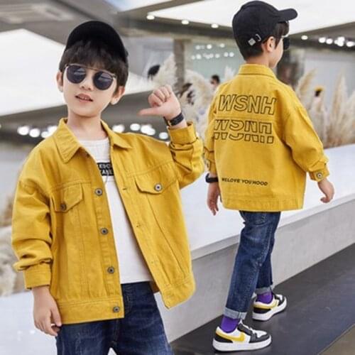 New Spring Autumn Jacket Boys Kids Letter Print Outerwear Yellow Black Windbreaker Denim Jeans Coats Teenage Children Clothing