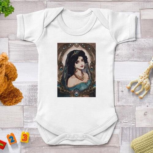 Summer New Style Baby Girls Boys Rompers Short Sleeve Disney Princess Graphic Tees Newborn Baby Clothes Print Jumpsuit White0-24