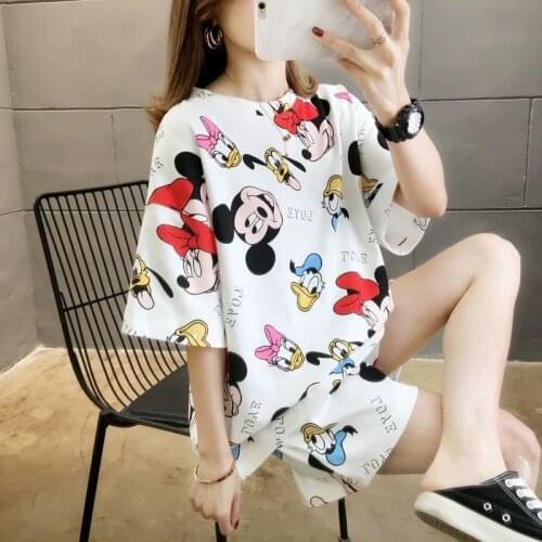 Disney Fashion 2021 Summer Cotton Pajamas Womens Short Sleeve Shorts Print Cute Mickey Mouse Home Suit Pajama Sets Woman Cloths