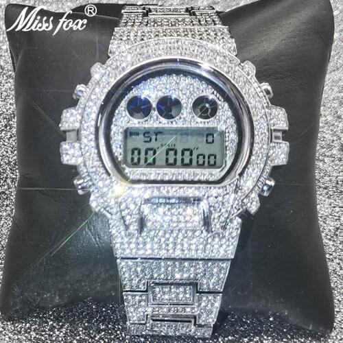 Hip Hop MISSFOX Full Iced Out Men Watches Digital Stainless Steel WristWatch Luxury Chronograph Timing Diamond AAA Jewelry Clock