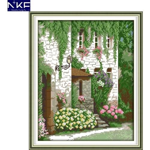 NKF Front Door Scenery Stamped Cross Stitch Pattern DIY Kits Needlework Embroidery Set Chinese Cross Stitch for Home Decor