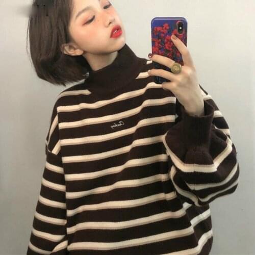 Pullovers Women Striped Turtleneck Loose Knitwear Sweater Chic Trendy Ulzzang Warm Student Coat BF Soft Daily Jumper Hot Sale