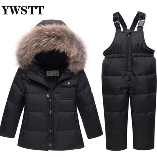 Russia Winter Warm Children Clothing Sets for Boys Natural Fur Down Cotton Snow Wear Windproof Ski Suit Kids Baby Clothes 2PC