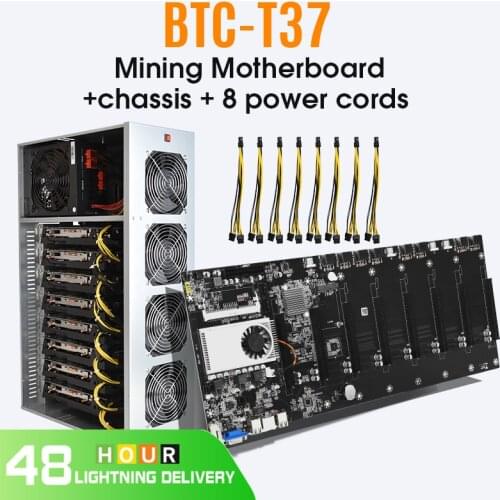 BTC-T37 Ethereum Bitcoin Mining Motherboard with CPU FAN and 8 GPU Slots with a Hassis and 8 Power Cords Integrated VGA