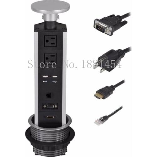 Pulling Pop Up Power Socket Power Strips Outlet Surge Protector 2 US Plugs +2 USB Ports+RJ45 Ports DHMI +VGA Tabletop Safe Hidd