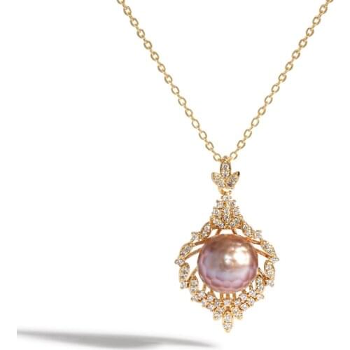 Kfvanfi Edison Hua Pearl Natural Freshwater 11-12mm Pearl Pendant Necklace Gilded Flower Zirconia Necklace Chain Pearl
