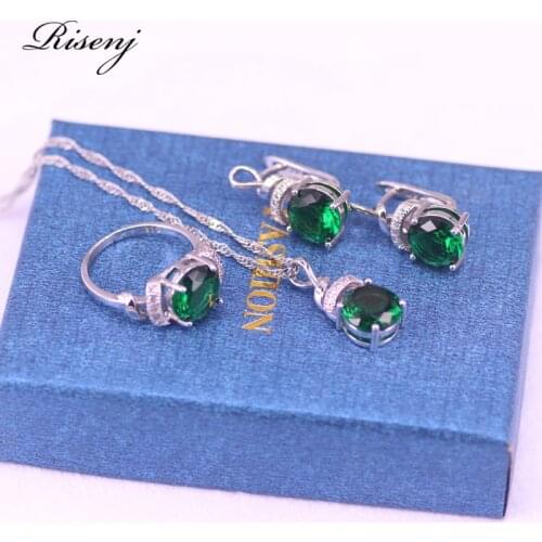 Russian Style Many Colors Note Square Green Stone 925 Sterling Silver Jewelry For Women Hoop Earrings Ring Necklace Set