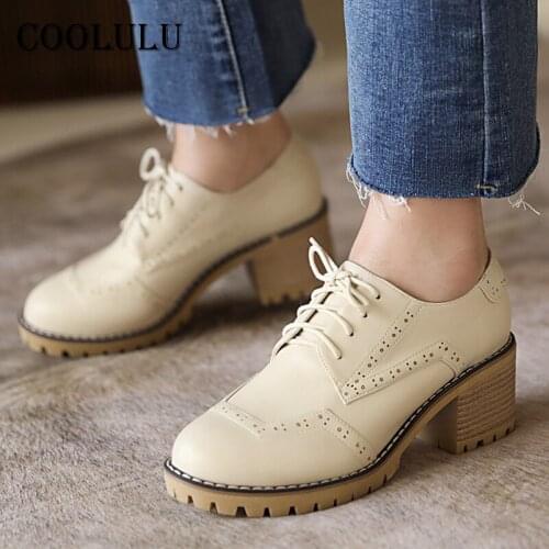 COOLULU Women Shoes Oxford High Heels Corss Tied Chunky Heel Pumps Round Toe Retro Footwear Ladies 2021 Spring Beige Big Size 43