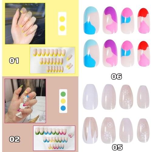 24Pcs Fake Nails Candy Colors Abstract Art Natural Coffin Press on False Nail Art Tips ABS Full Cover DIY Nail Decor Manicure