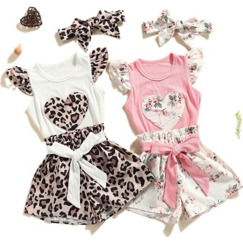 Infant Baby Girl Summer Shorts Outfits Childrens Heart Fly Sleeve Ribbed Romper Tops and Floral/Leopard Shorts 3Pcs Clothes Set