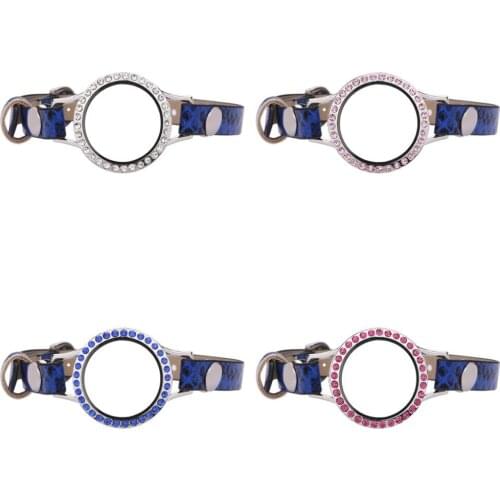 5pcs/lot 30mm Different color crystals Locket 7cm+15cm Snake blue Single Wrap PU Leather Bracelets Wristband With 50pcs Charms