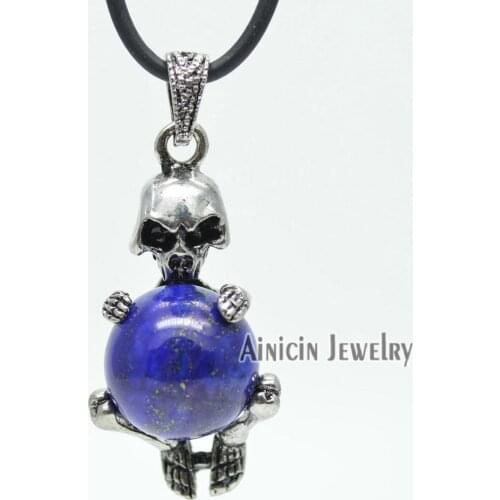 5pc Halloween Gift Skull Baby Hold Blue Lapis Ball Ancient Silver Pendant With 18'' Rubber Chain Necklace