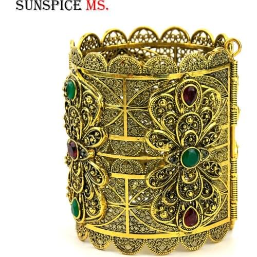 Sunspicems Retro Gold Color Algerian Bangle Big Cuff Bracelet for Women African Wedding Jewelry Bridal Gift