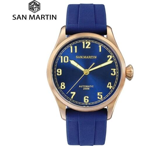 San Martin Diver Retro Watch Tin Bronze Mens Automatic Mechanical Watch Fluoro Rubber Sapphire SLN C3 Green Light Luminous Watch