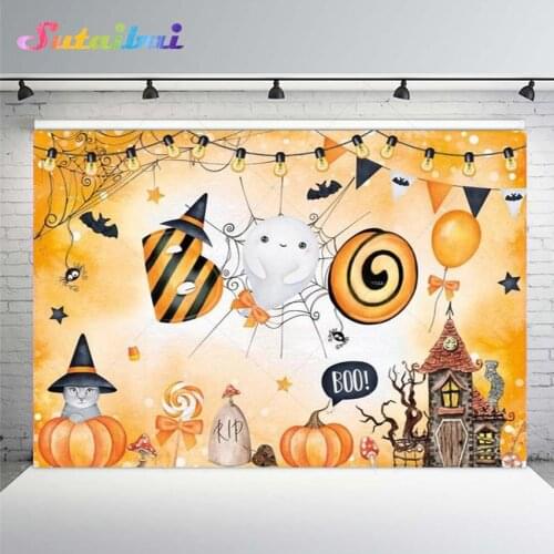 Happy Halloween Party Background Boo Ghosts Pumpkins Castle Candy Trick or Treat Balloon Flag Spider Decor Banner Photo Backdrop