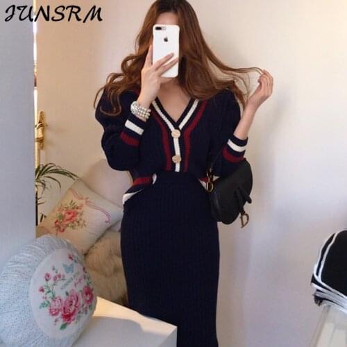 Korean Chic Bump Color Stripe Edge V-Neck Knitting Cardigan Jacket + Women Slim Midi Knitted Skirt Two-Piece Outfit Autumn 2020