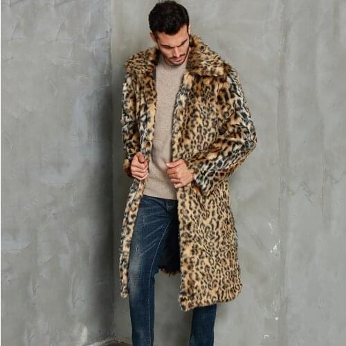 Mens Leopard Print Lapel Coat Winter Autumn Long Faux Fur Jacket Trench Coats With Pockets Fashion Male Streetwear Plus Size 3X