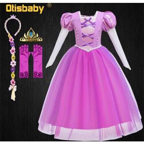 Summer Floral Girls Birthday Princess Rapunzel Dress Girls Rapunzel Wig Christmas Carnival Halloween Costume Child Tangled Gowns