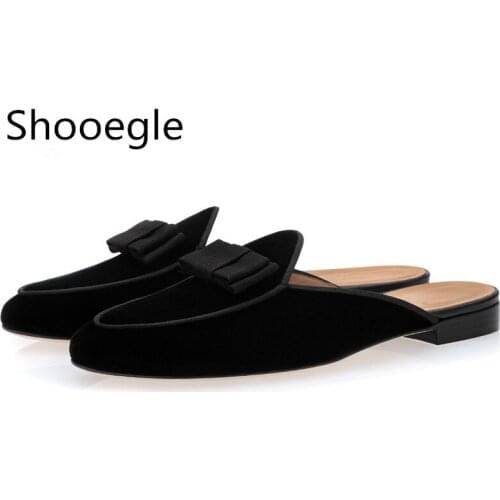 Men Black bow knot velvet casual shoes slip on slippers fashion street style men dress loafers size EU39-EU46