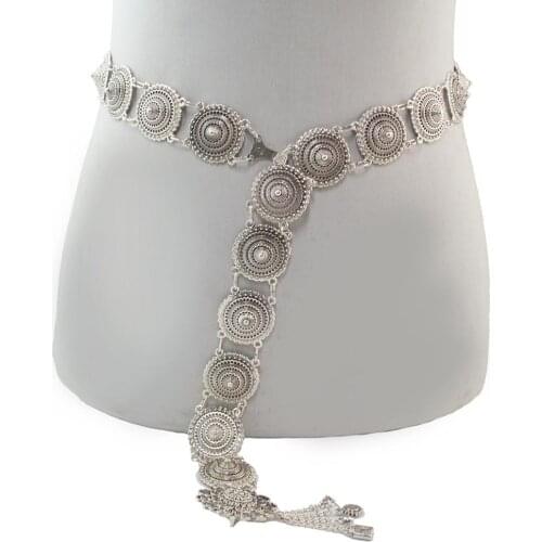 Tukrish Women Silver Belts Lady Sequins Coin Tassel Metal Wide Belly Dance Waist Body Chains Night Belt Clothing Gypsy Tr