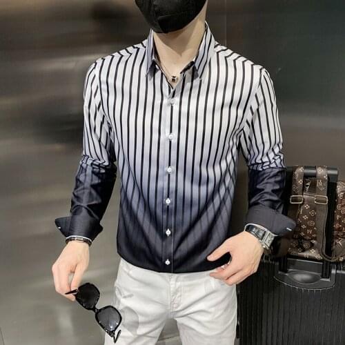 Mens Casual Vintage Print Long Sleeve Shirt New Fashion Hawaiian Slim Fit Black White Striped Shirts Men Tops Camisas De Hombre