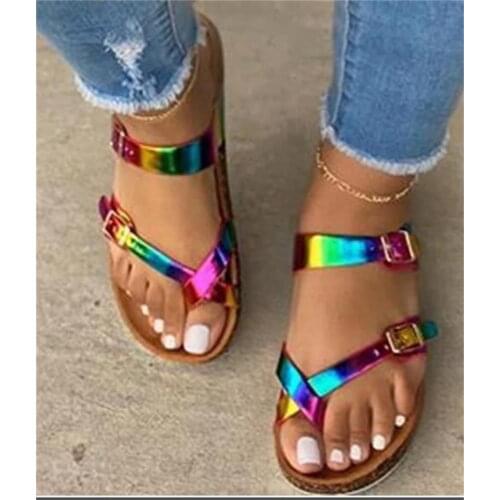 Womens Sandals Clip Toe Colorful PU Ladies Flip Flop Buckle Strap Slippers Female Fashion Shoes Summer Plus Size Woman