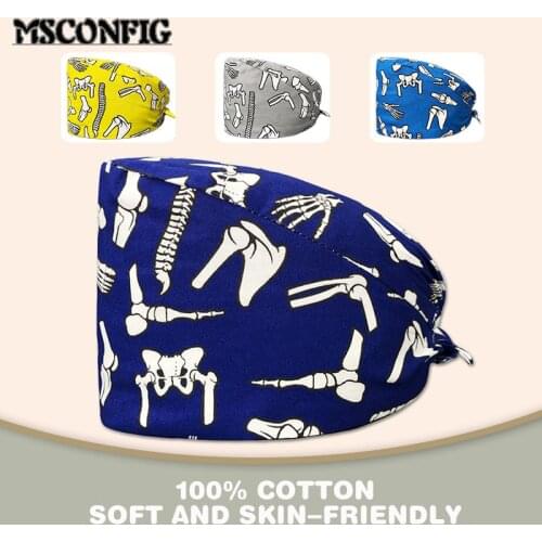 100% Cotton Skull Cartoon Print Ladies Nurse Cap Surgical Cap Adjustable Work Cap Beauty Salon Nursing Cap Scrub Cap
