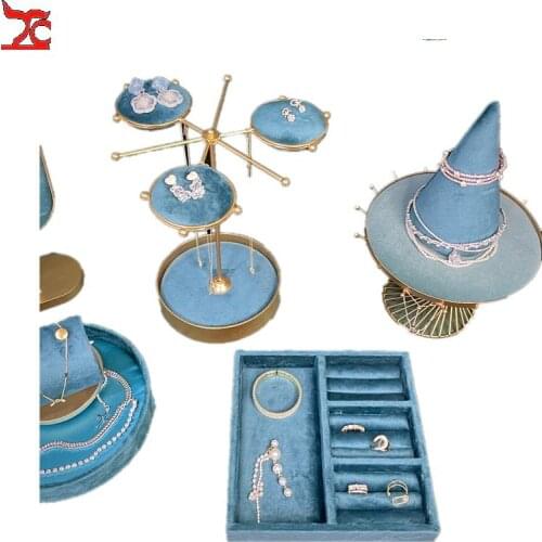 Blue Metal Jewelry Mannequin Shelf Cone Ring Holder Multifunctional Necklace Storage Ring Earring Bracelet Tray Birthday Gift