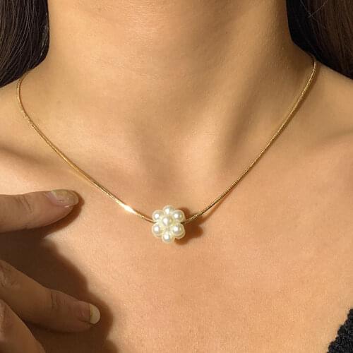 TARCLIY Summer Trendy Imitation Pearl Flower Ball Pendant Necklace Simple Temperament Snake Bone Clavicle Chain Women Jewelry