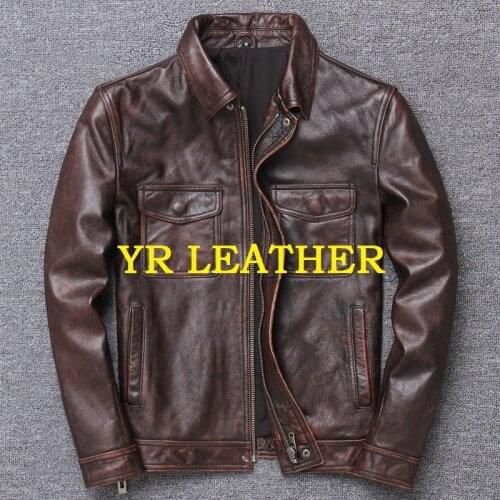 YR!Free shipping.Wholesales.Brand New casual style jacket.mens vintage cowhide coat.classic slim genuine leather clothes