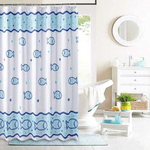 Shower Curtain with 12 Hooks Fish Blue and White Decorative Bathroom Accessories Waterproof Fabric
