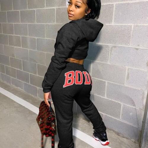 2 Piece Set Women Letter Print Outfits Long Sleeve Front Pocket Hooded Pullover Crop Top + Long Trousers Tracksuit Set