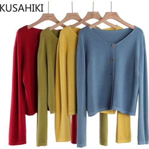 KUSAHIKI Causal Solid Woman Knitted Cardigan 2021 Autumn Long Sleeve V-neck Sweater Coat Korean V-neck Knitwear Tops 6K904