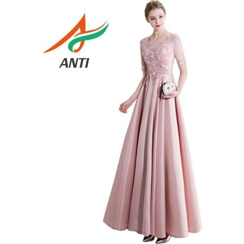 ANTI Pink Lace Satin Evening Dresses Long O Neck Half Sleeve Sexy Appliques Elegant Women Formal Party Gown Robe De Soiree 2019