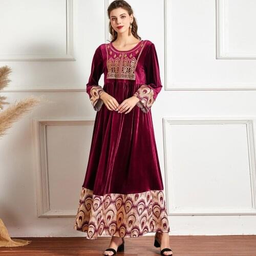 Autumn Winter Women Maxi Dress Loose Pleuche A Line Long Sleeves Dubai Arabic Emboridery Muslim Abaya Robe Turkey Elegant