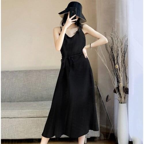 AECU 2021 Summer Women Dress Cross Spaghetti Strap Solid Ladies Black Sashes Dress Women V Neck Long Party Club Dress