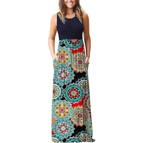 Autumn Women Floor Length O Neck Sleeveless Geometric patterns Print Patchwork Large Hem Beach Boho Long Dress