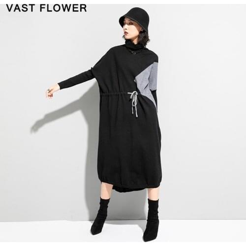 Plus Size Contrast Color Sweater Dress Women Autumn Winter New Long Sleeve Turtleneck Drawstring Casual Midi Knitted Dress 2020