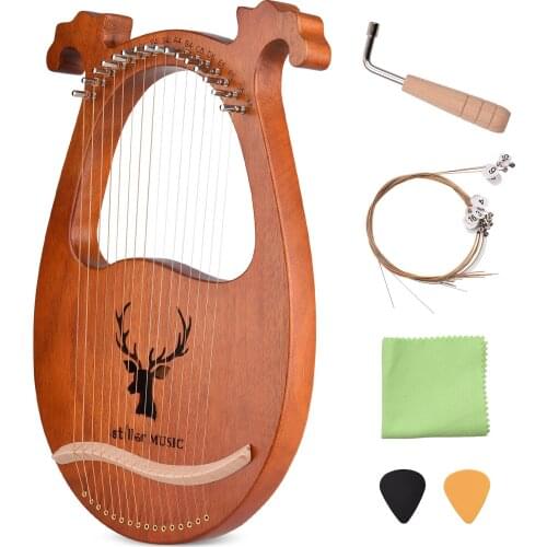 Ammoon 16 String Lyre Harp Solid Wood String Instrument & Elk Pattern Tuning Hammer Strings Cleaning Cloth Picks for Beginners