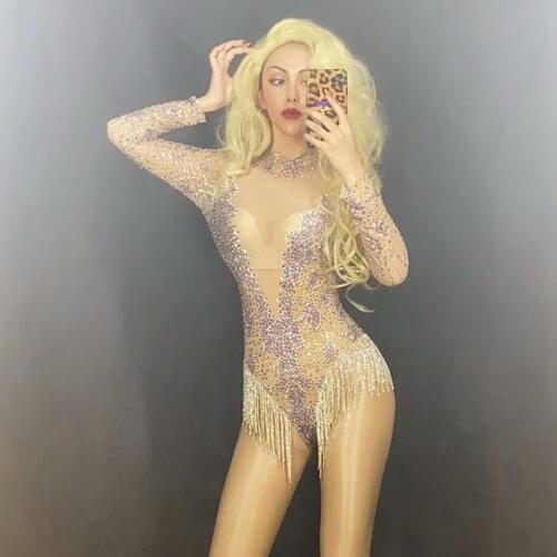 Sparkly Rhinestones Bodysuit Sexy Transparent Backless Leatord Long Sleeve Women Nightclub Outfit Party Singer Dancer Stage Wear
