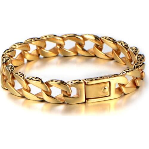 12MM Wide Mens Gold Tone 316L Stainless Steel Bracelet Vintage Jewelry Men High Quality Bracelet Gift 8.66"