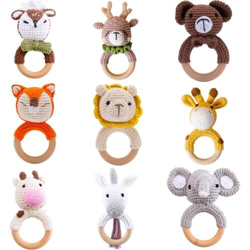 DIY Crochet Rattle Ring Baby Teether Safe Wooden Toys Mobile Pram Crib Soother Bracelet Teether Set Baby Product Newborn Gifts